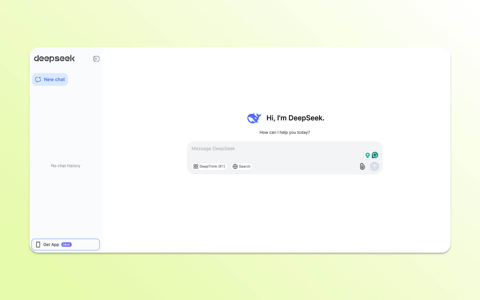 DeepSeek's clean interface, showing 'Hi, I'm DeepSeek.' and a message input area, representing an AI chatbot.