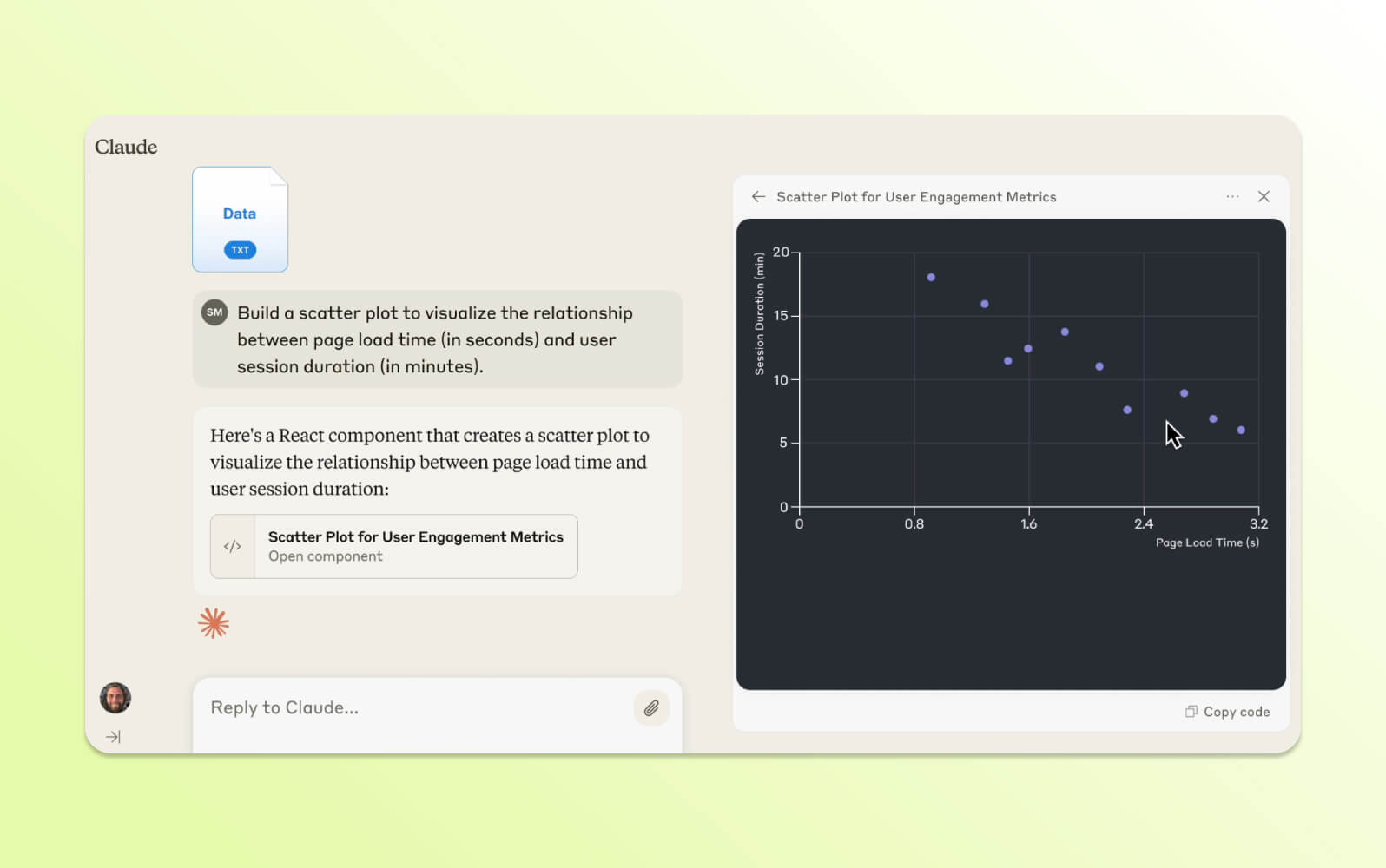 Claude AI chatbot generating a scatter plot for user engagement metrics.