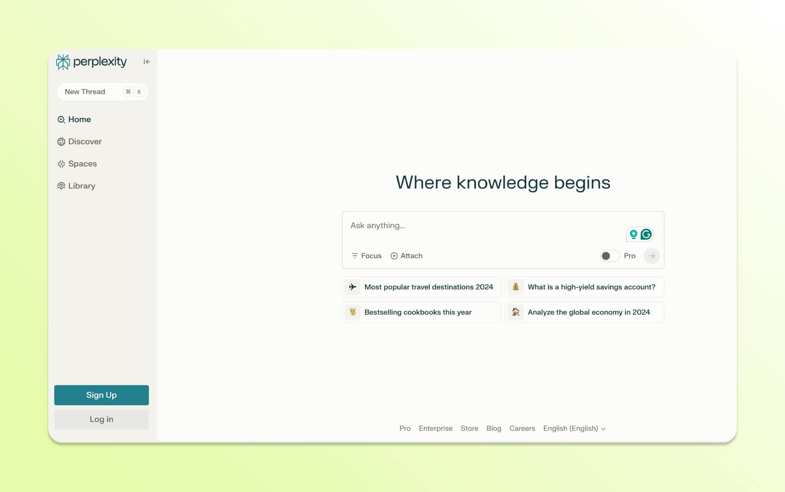 Perplexity's clean interface with 'Where knowledge begins' and example search prompts, demonstrating a top AI chatbot.