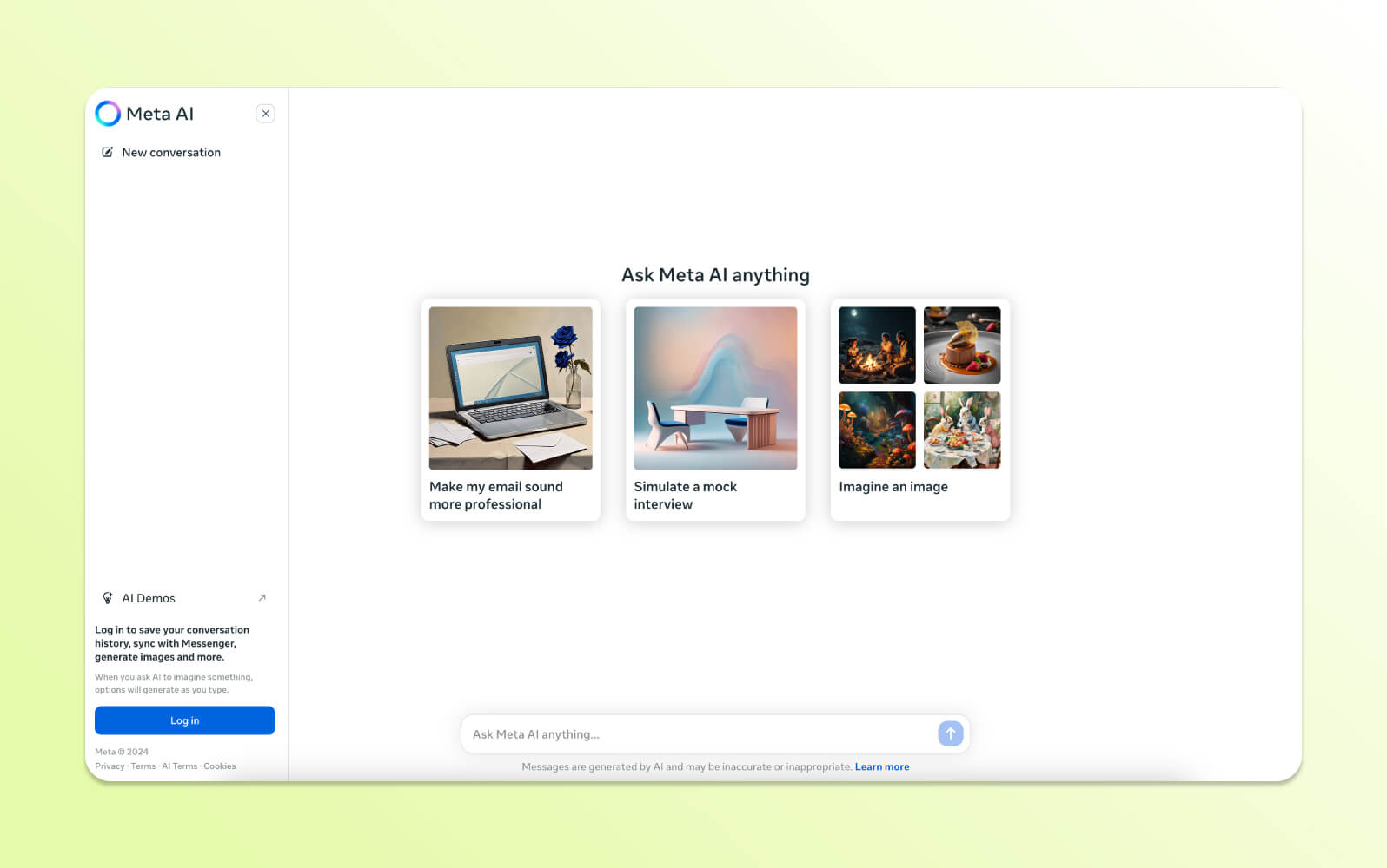 Meta AI chatbot's home screen with image generation and conversation starters, showcasing best AI chatbots.