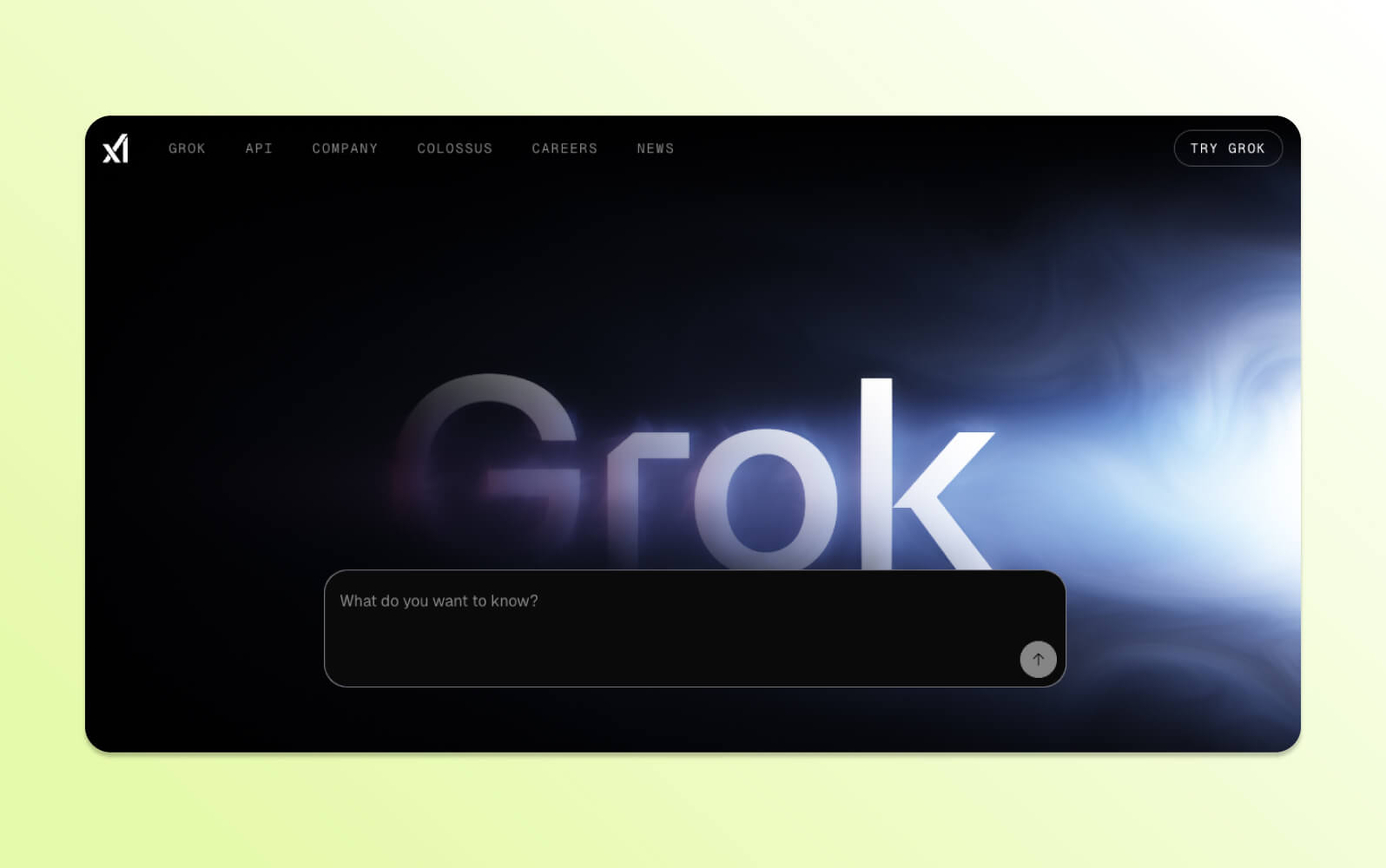 Grok AI chatbot's dark interface with a central input field asking, 'What do you want to know?'.