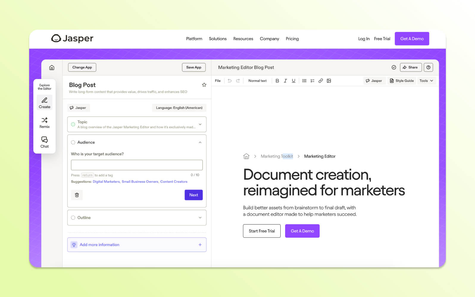 Jasper Chat's marketing editor, a platform for AI chatbots assisting content creation.