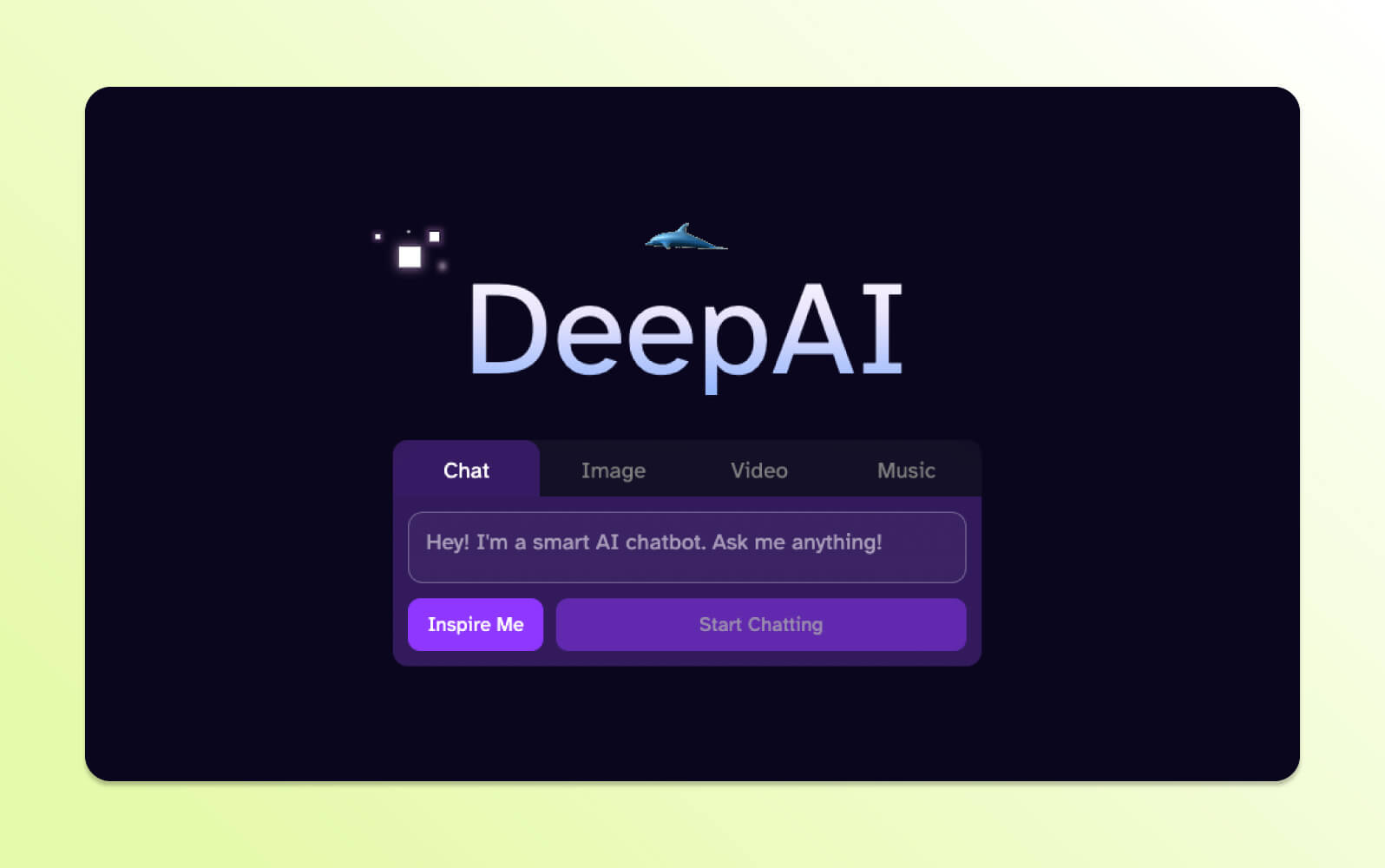 DeepAI's dark interface showing chat, image, video, and music options for an AI chatbot.