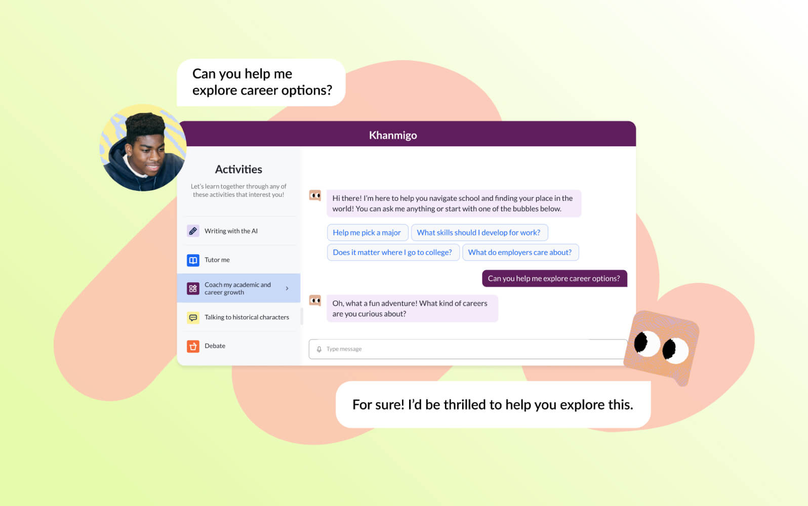 Khanmigo's academic assistance interface, demonstrating a helpful AI chatbot.