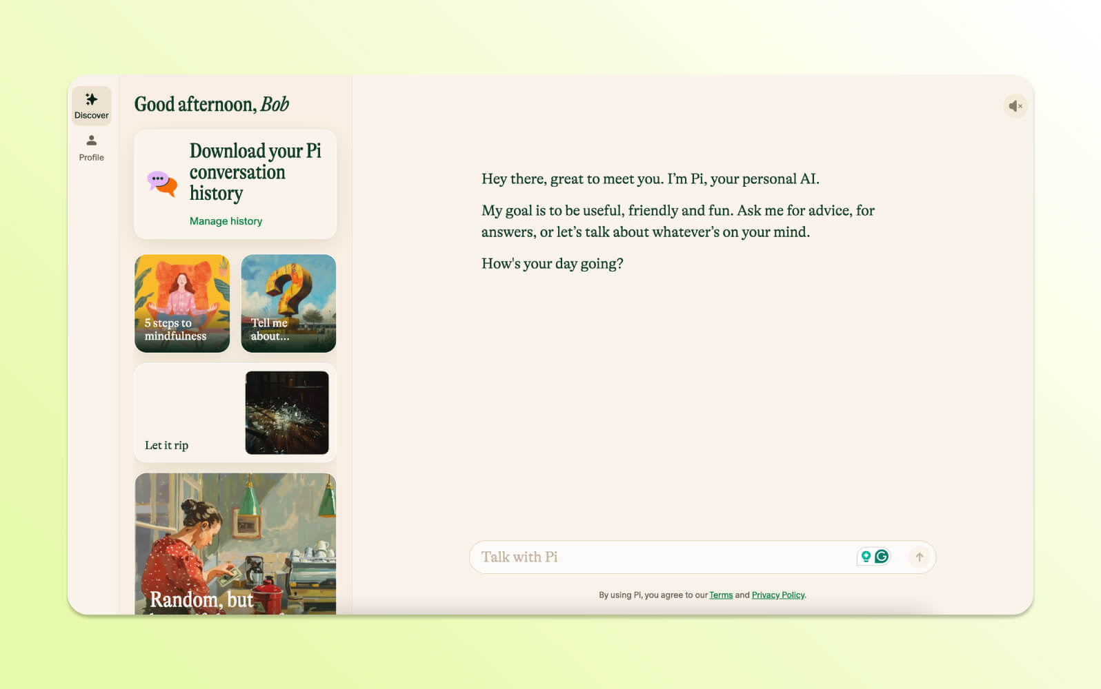Pi's personal AI chatbot interface greeting 'Good afternoon, Bob' with conversation starters.