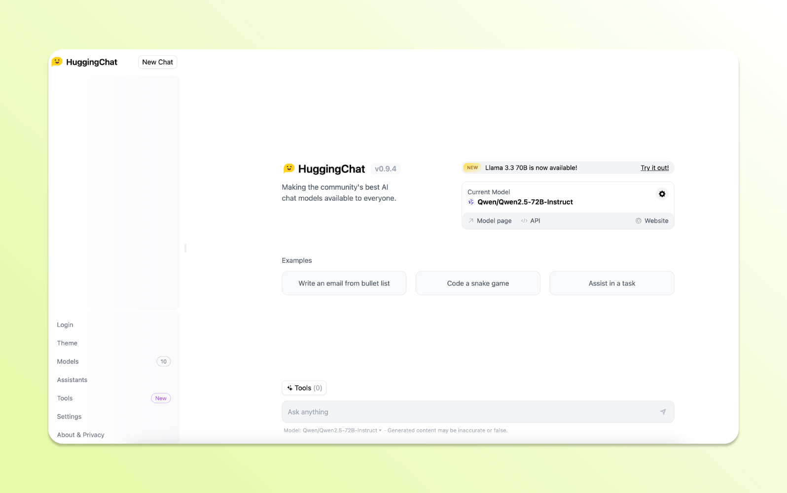 HuggingChat interface, offering multiple models for the community's best AI chatbots.