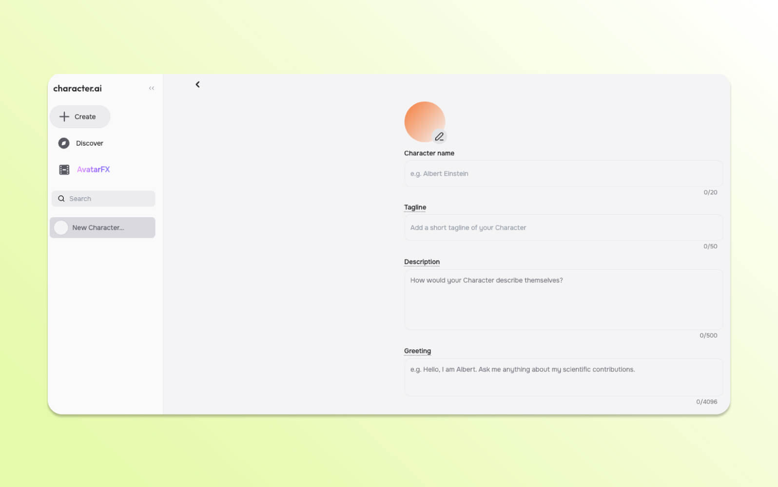 Character.AI's interface for creating custom AI chatbots with fields for name and description.
