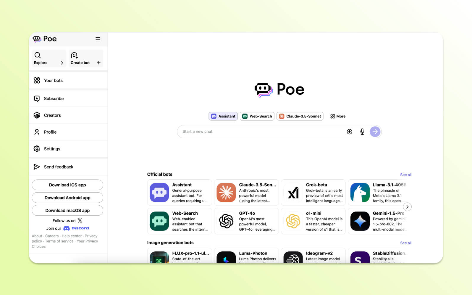 Poe's interface, displaying various official bots like Assistant and Claude, a hub for top AI chatbots.