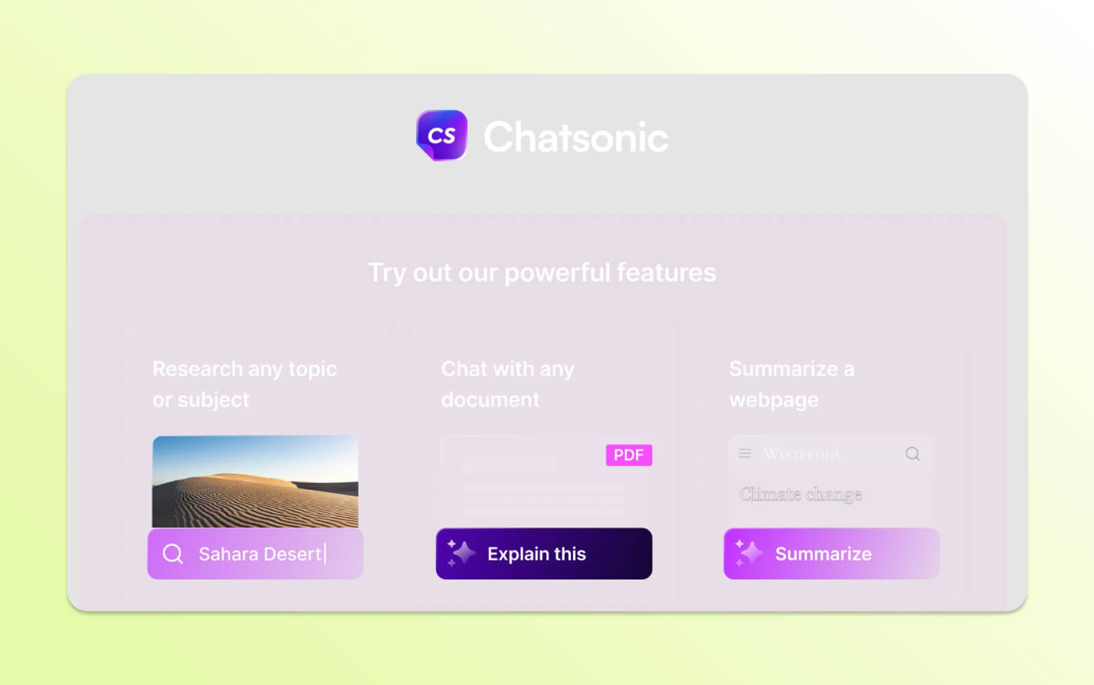Chatsonic's interface, highlighting features for research, document chat, and webpage summarization, a powerful AI chatbot.