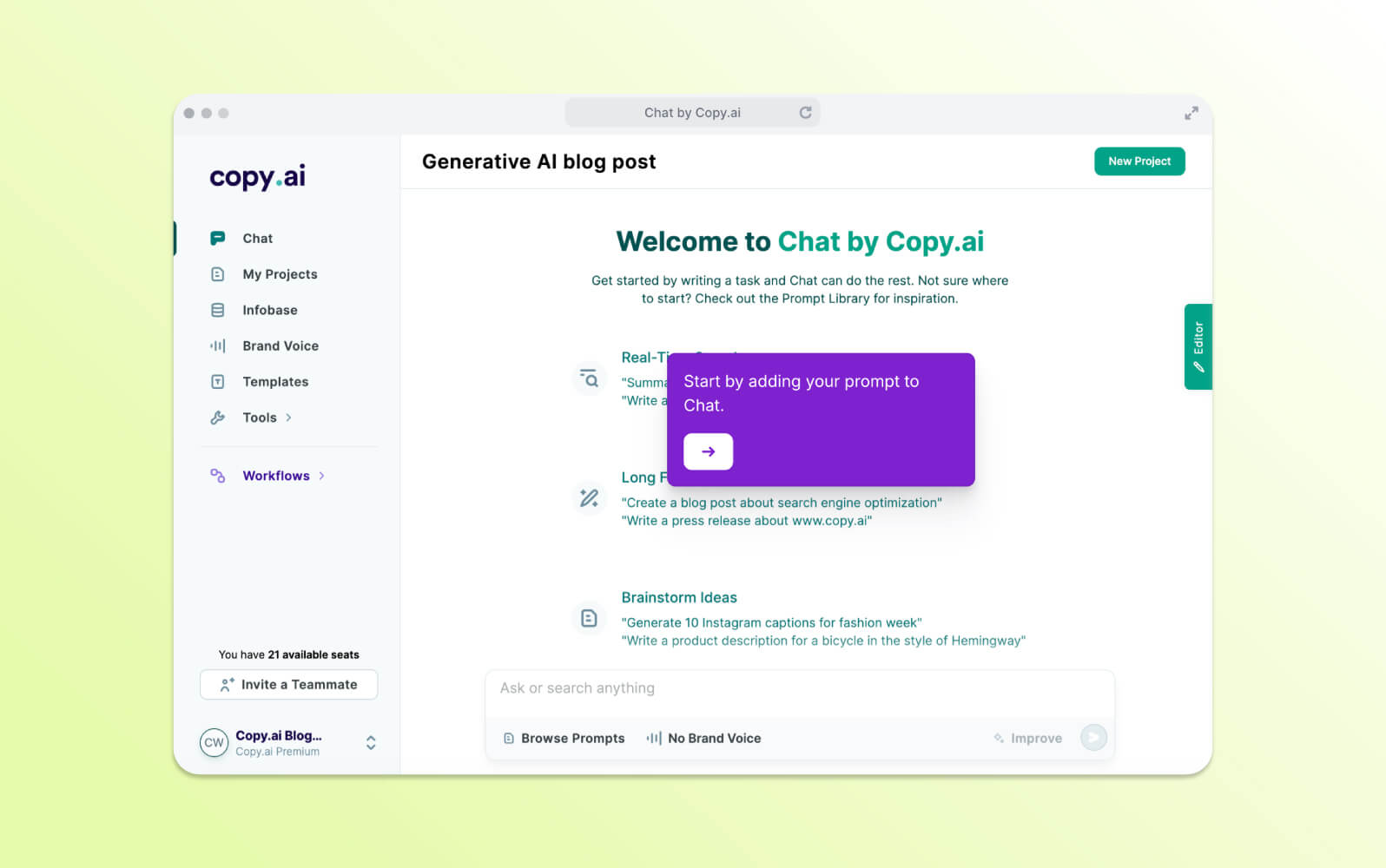 Copy.ai's interface, a platform for generative AI blog posts, showcasing AI chatbots.
