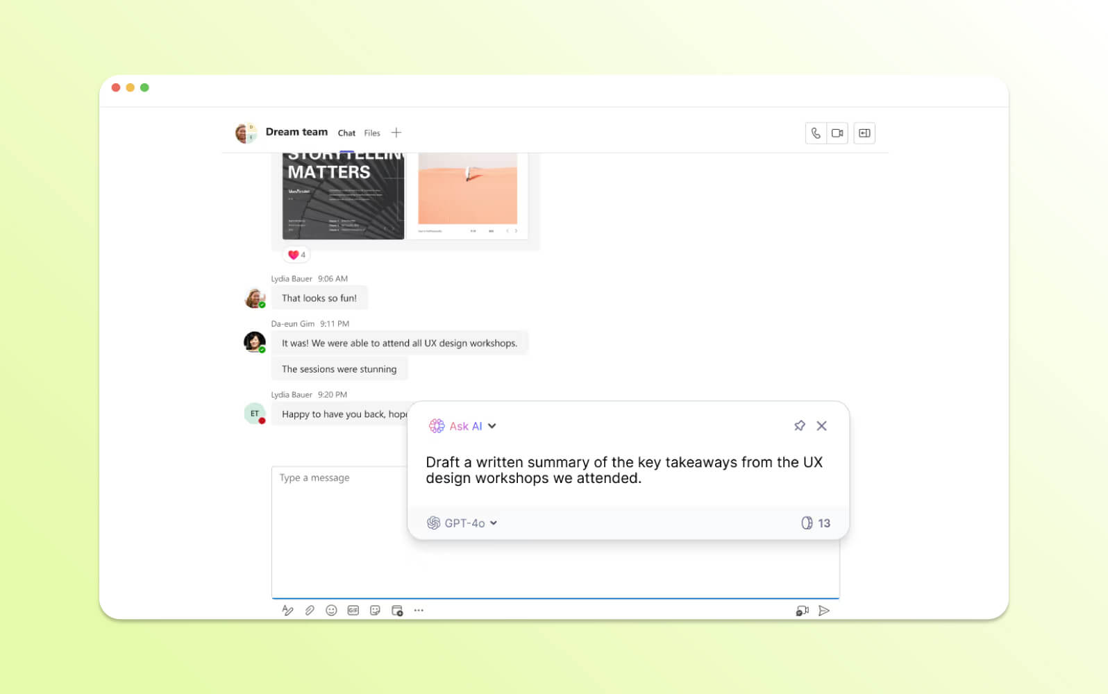 ZenoChat in a team conversation, asking the AI to draft a summary, a practical AI chatbot.