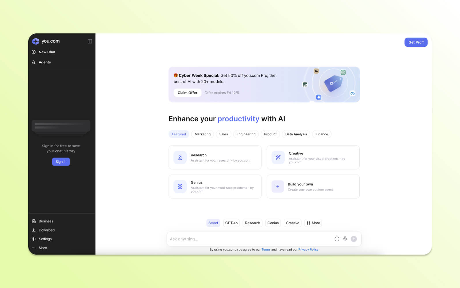 You.com interface, featuring options to enhance productivity with an AI chatbot.