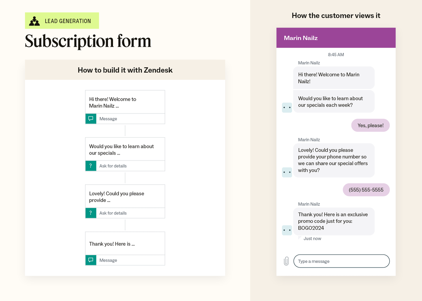 An illustration showcases an example of a basic lead generation chatbot template and an example of how the conversation looks to customers.