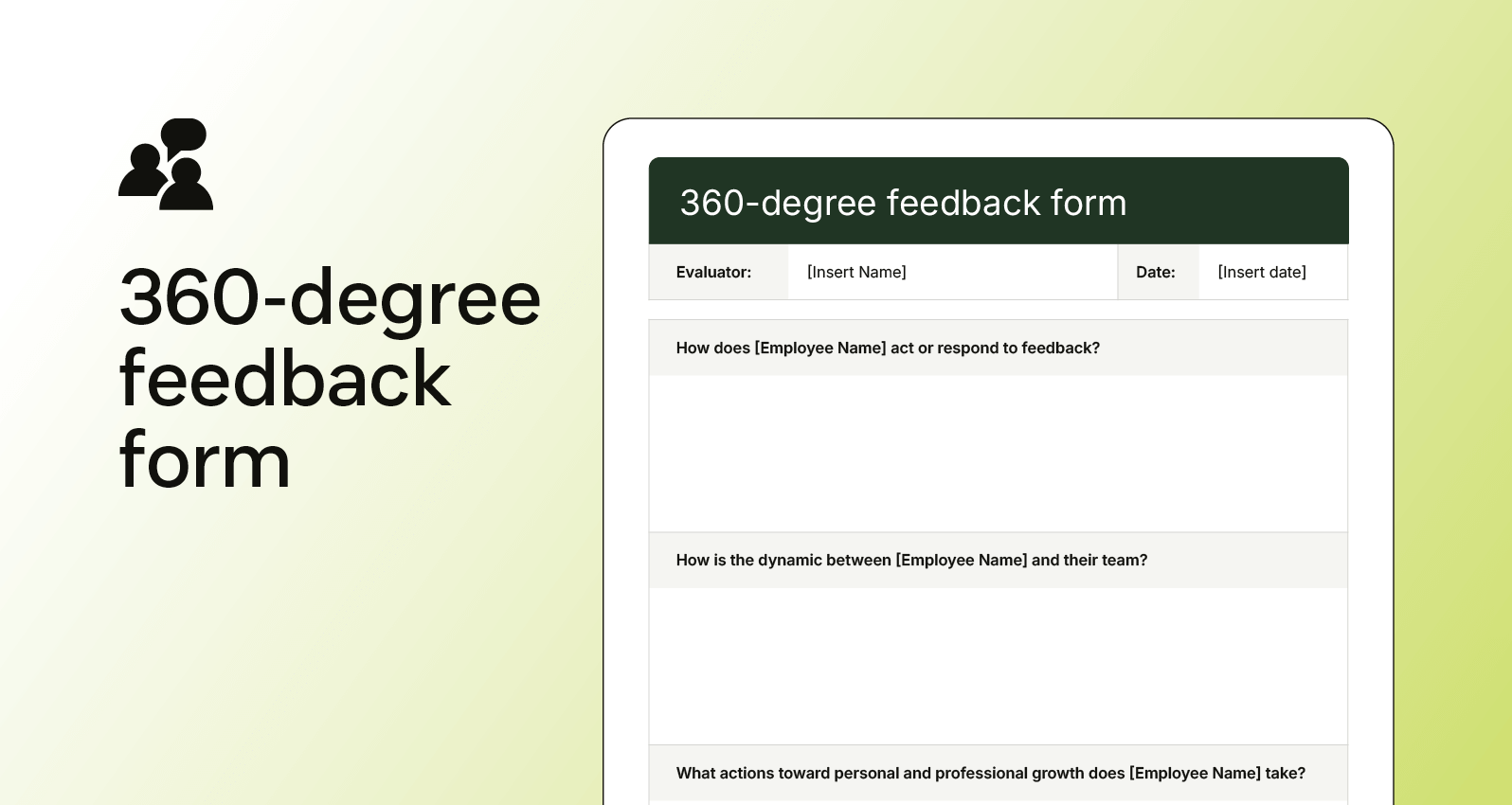 Screenshot of a 360-degree feedback form with open-ended questions about teamwork, growth, and workplace behavior.
