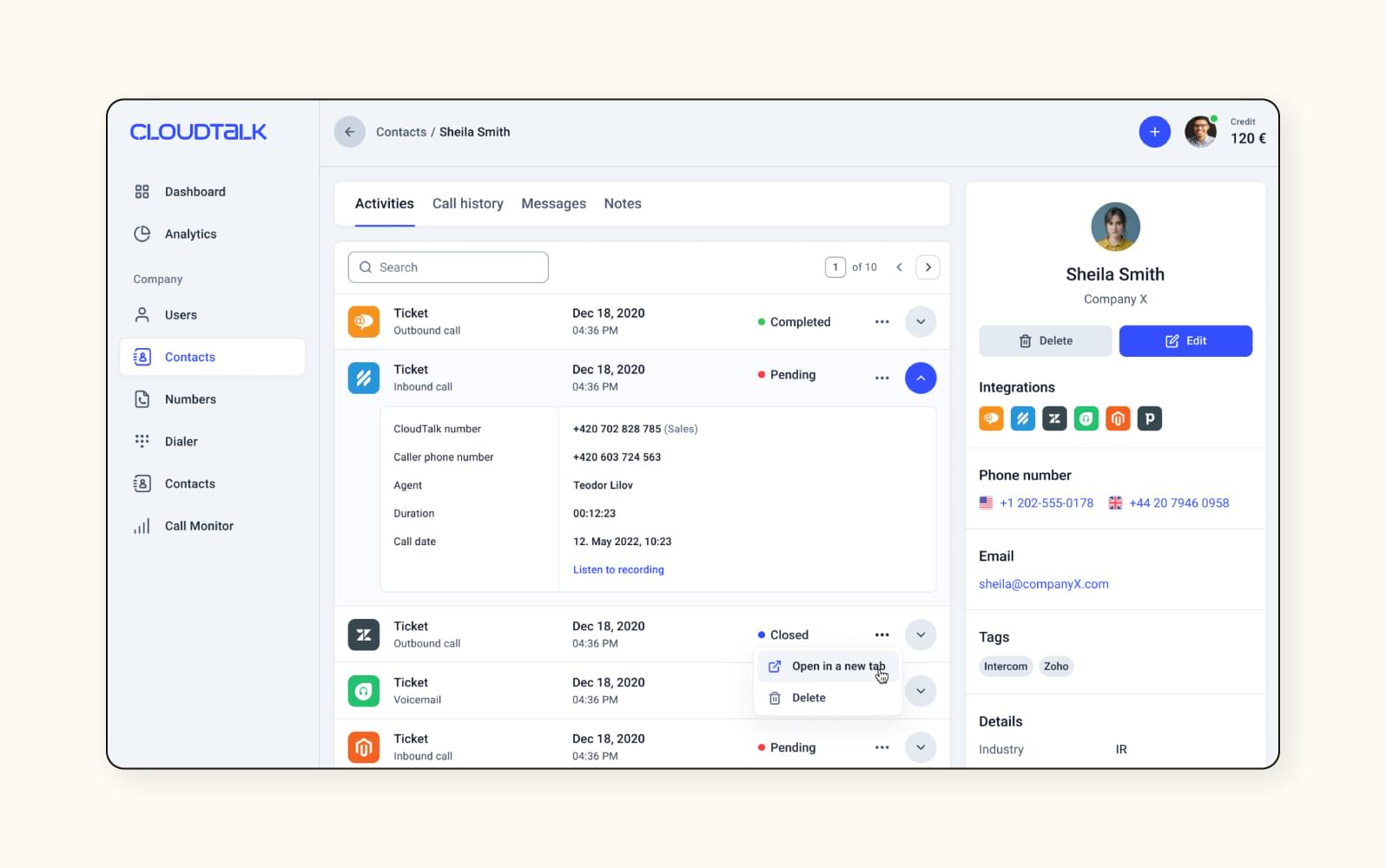 CloudTalkのAIコールセンターシステム画面