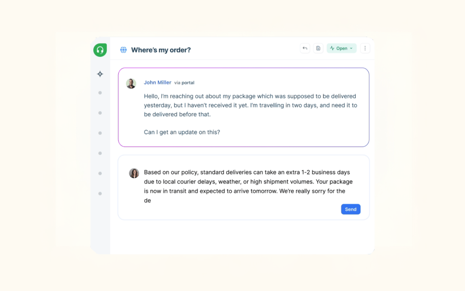 A screenshot of Freshdesk’s AI agent in action.