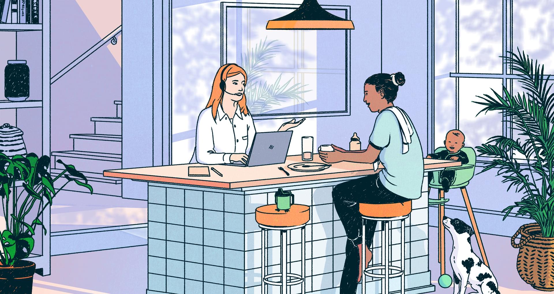 Illustration of two women at a breakfast table. One woman has a laptop and headset and is talking to the other woman, who is eating with her baby and dog.