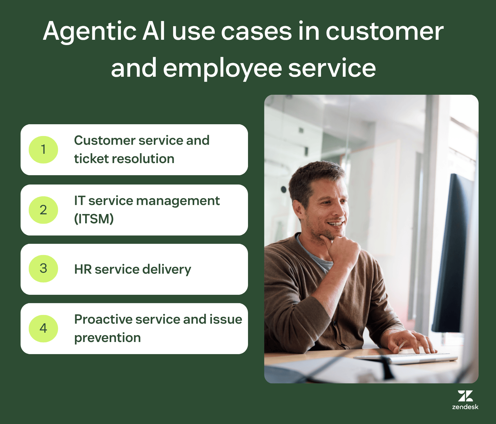 Diagram showing four key agentic AI use cases across customer and employee service: ticket resolution, IT operations, HR support, and proactive issue prevention.