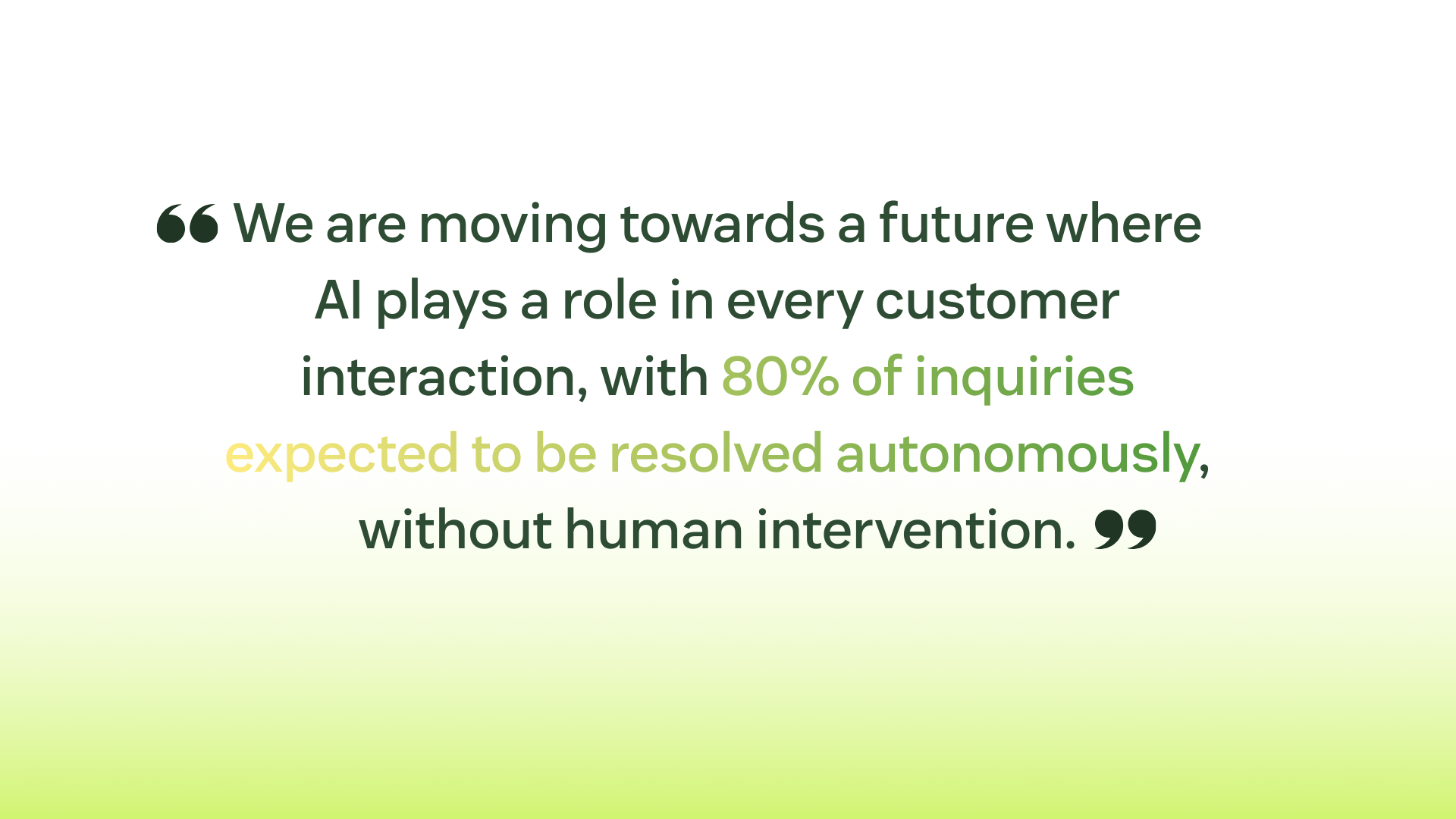 Quote about AI in customer service, stating 80% of inquiries resolved autonomously.