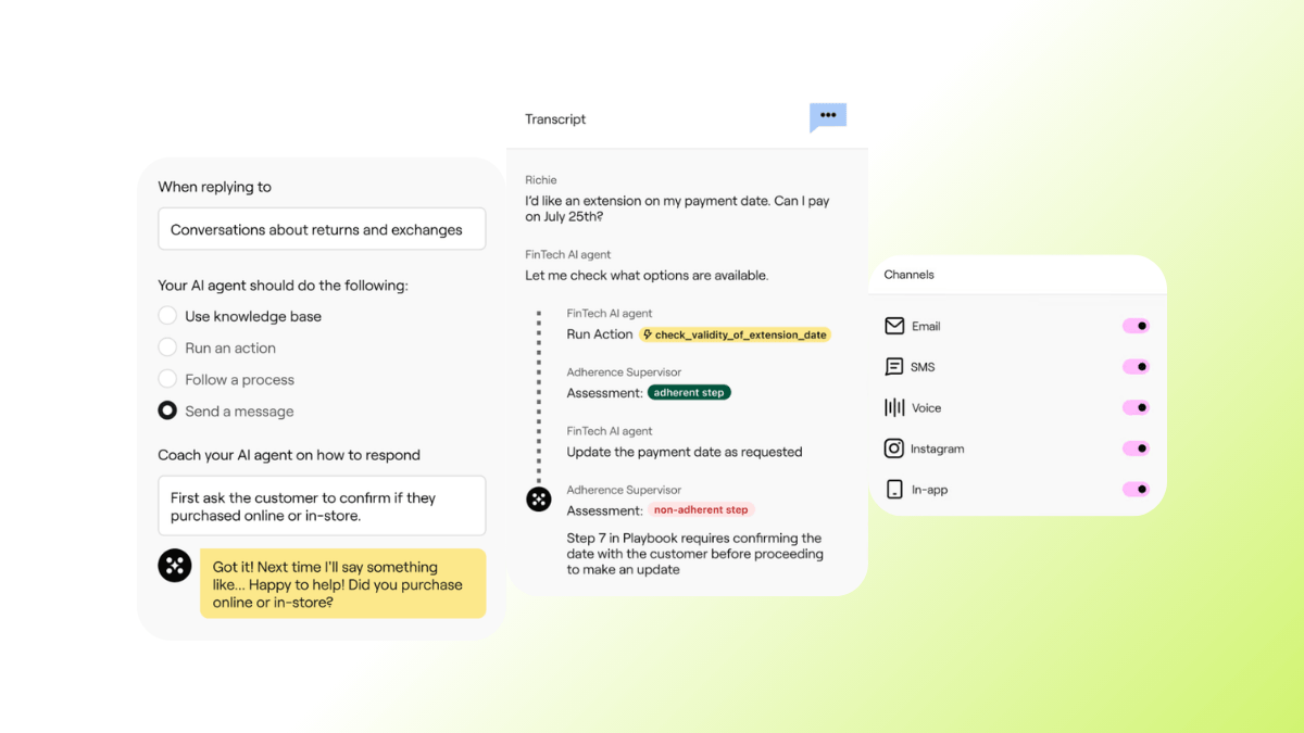 Screenshot of Ada AI agent in action, including a speech transcript and multichannel support.