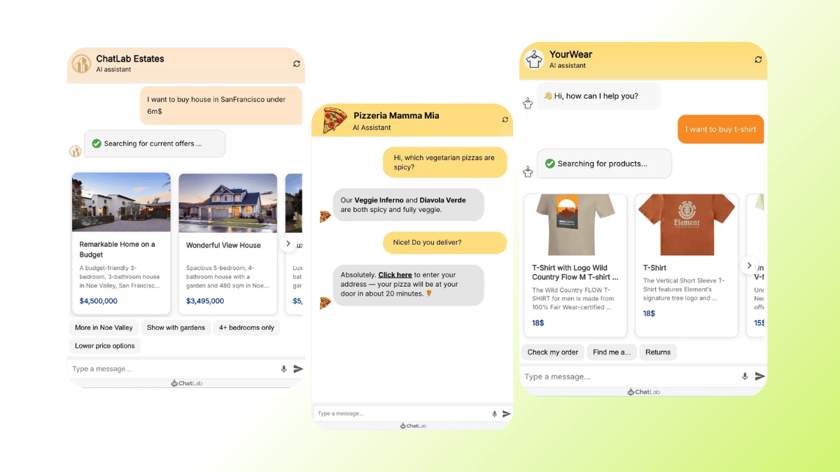 Three ChatLab chatbot screenshots showing the software in action.