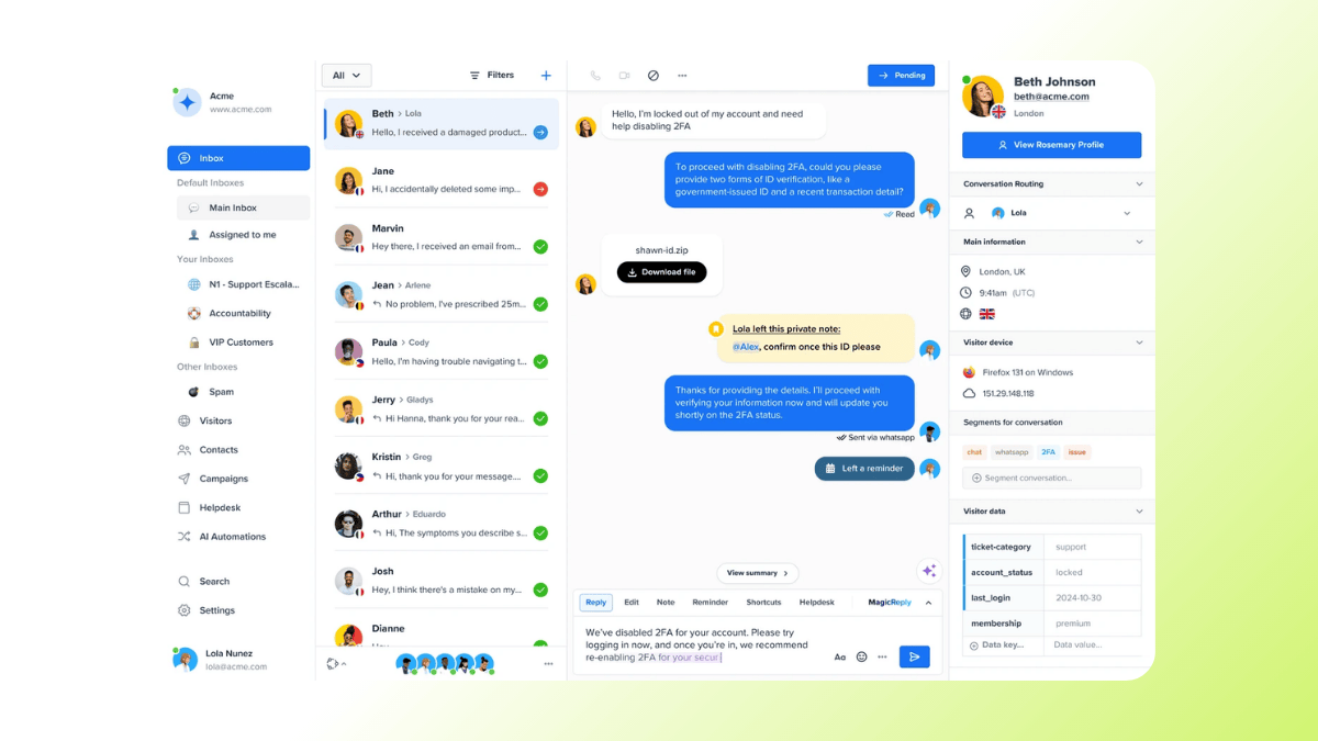 Screenshot of Crisp's customer support inbox interface.