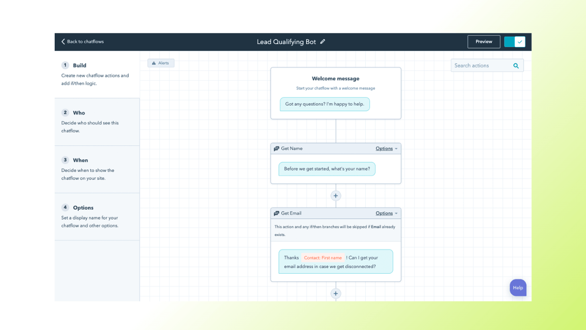 Screenshot of HubSpot’s lead qualifying chatbot flow builder.