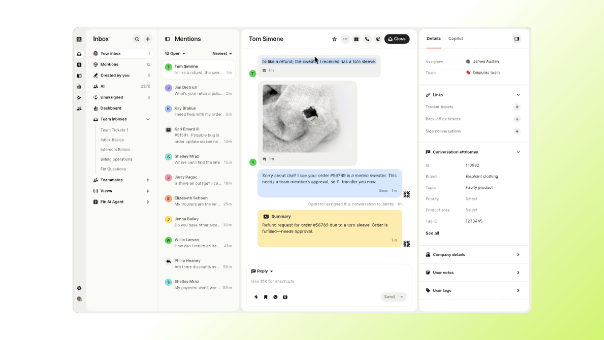 A screenshot of Intercom's customer service workspace.