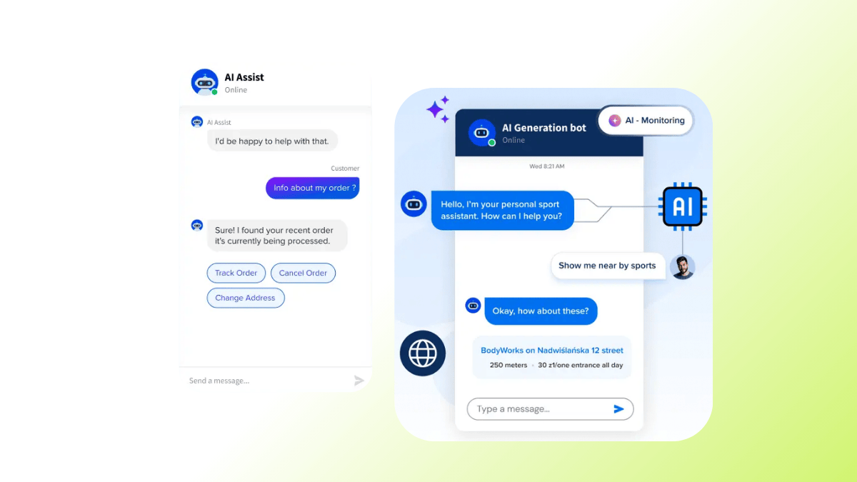 Screenshots of MirrorFly AI assistant chat in action.