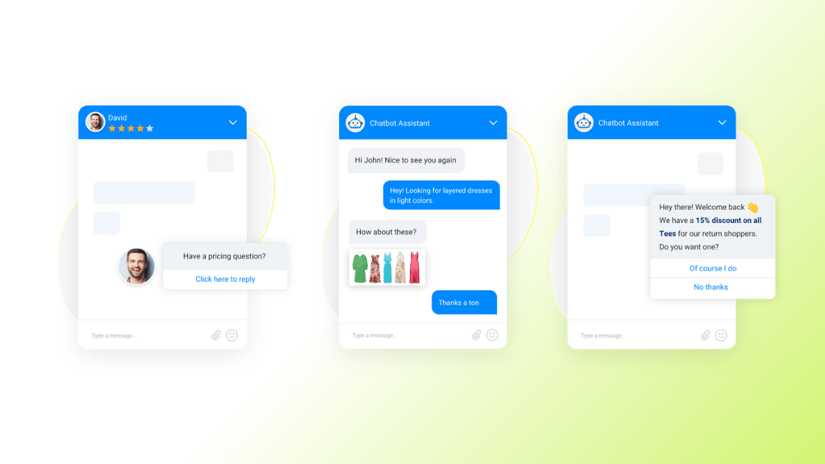 Screenshots of ProProfs chatbot chat windows.