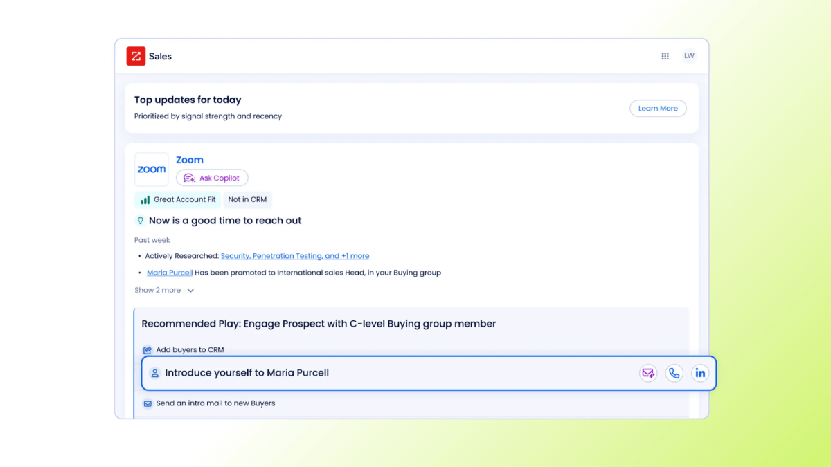 A visual showing ZoomInfo Sales CRM dashboard card.