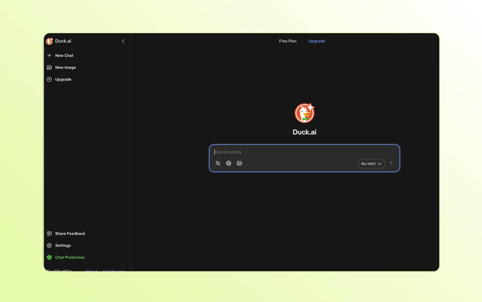 Screenshot der Duck.ai KI-Chatbot-Plattform.