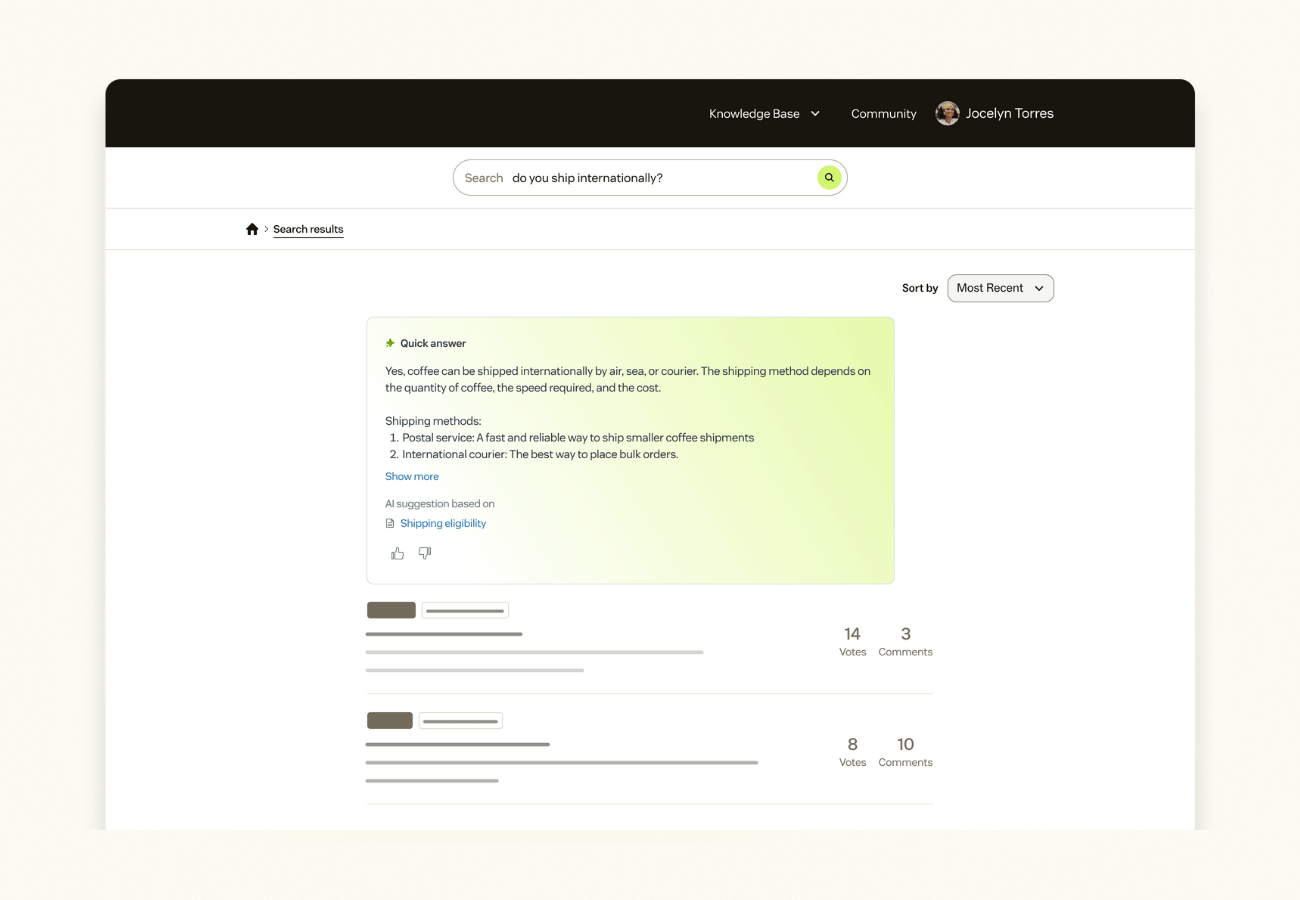 A screenshot of Zendesk’s AI knowledge base in action.