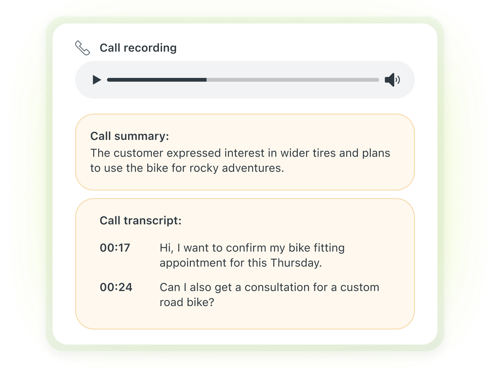 A UI example of how voice Copilot generates call summaries and transcripts.