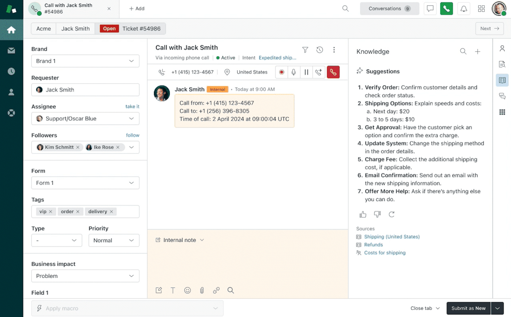 Zendesk’s UI showing an AI-generated knowledge suggestions while an agent speaks with a customer.