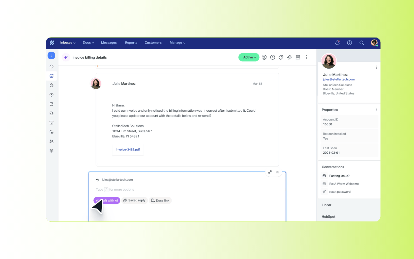 Screenshot of the Help Scout AI service desk platform.