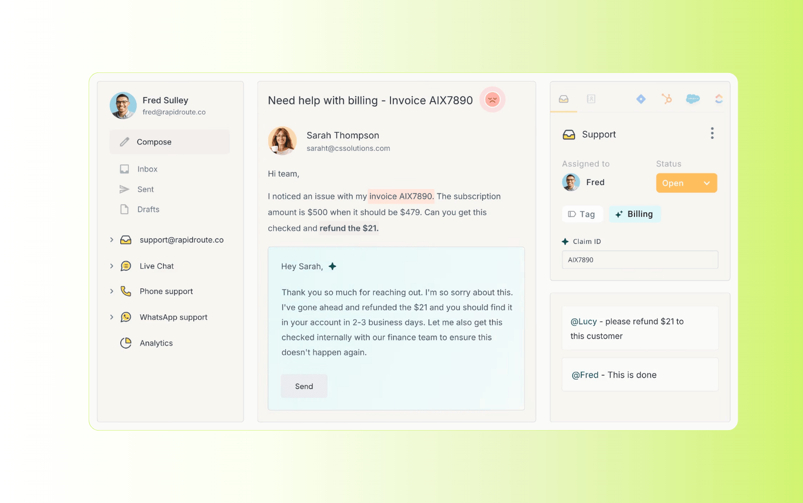Screenshot of the Hiver AI service desk platform.