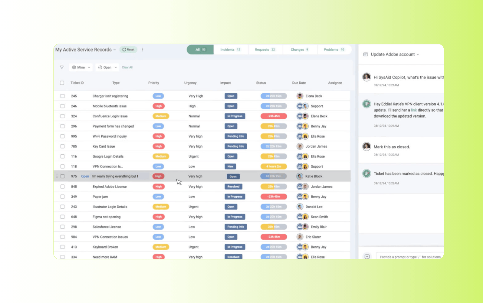 Screenshot of the SysAid AI service desk platform.