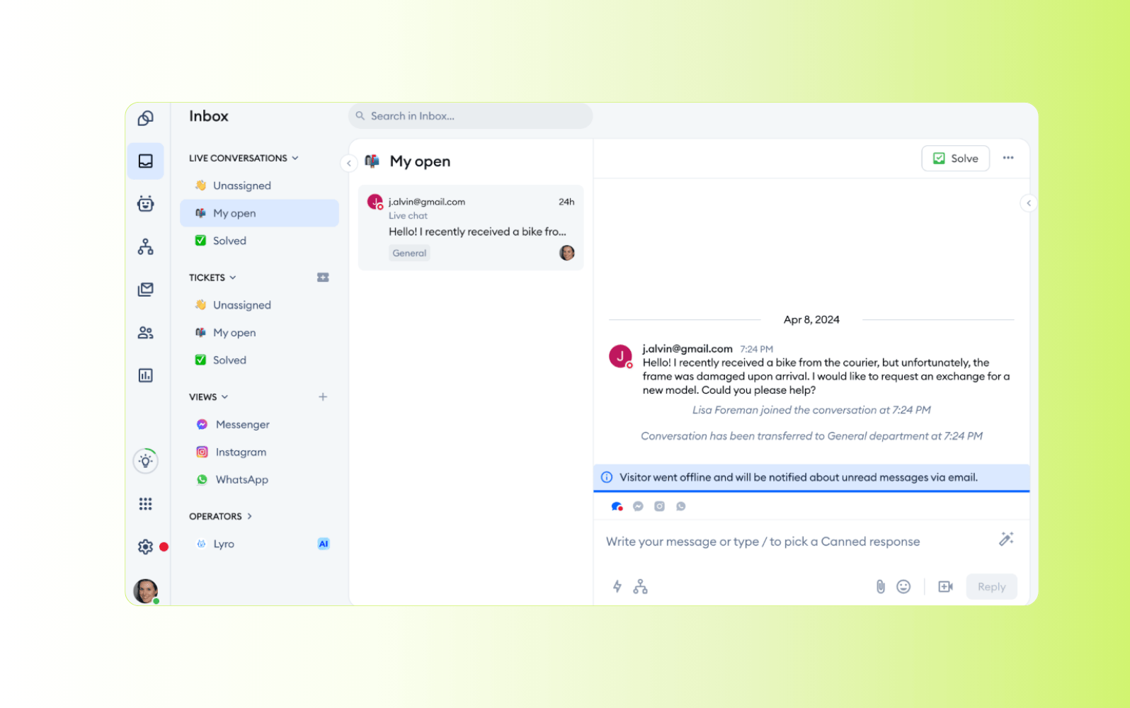 Screenshot of the Tidio AI service desk platform.