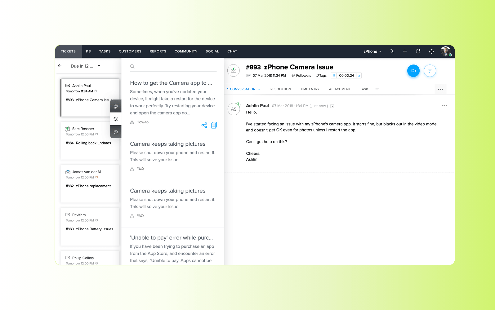 Screenshot of the Zoho Desk AI service desk platform.