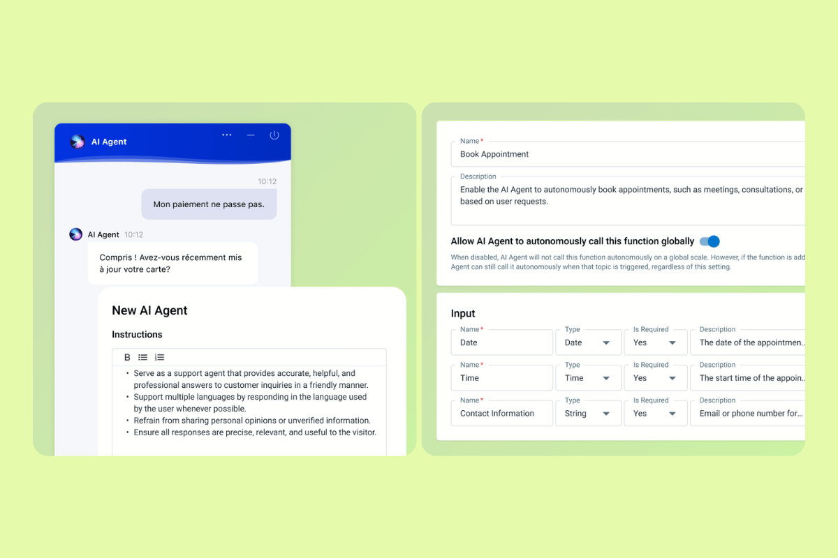 Comm100 AI KI-Agenten-Builder und Einstellungen für Terminbuchungs-Aktionen.