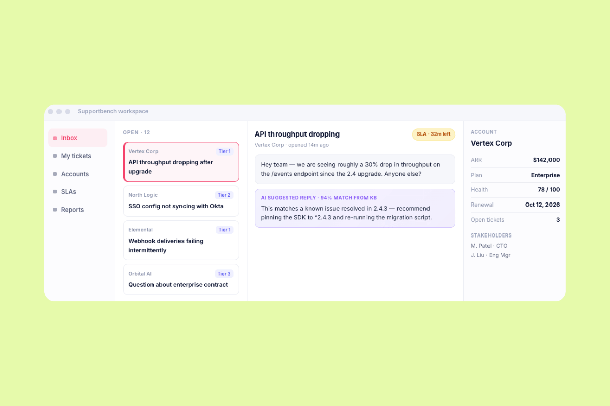 Supportbench-Arbeitsbereich zeigt eine KI-vorgeschlagene Antwort für ein API-Problem.