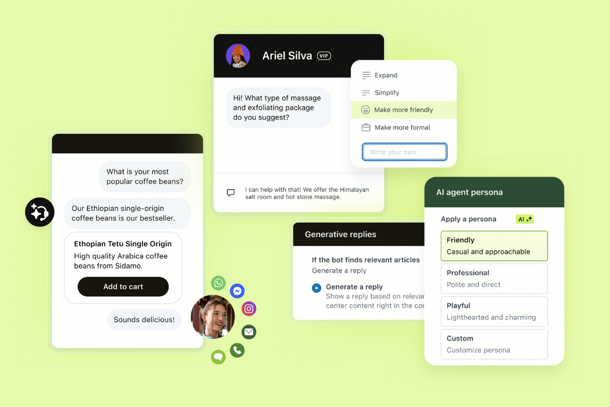 Zendesk-Benutzeroberflächen-Collage mit generativen Antworten, Tonfall-Steuerung und Persona-Einstellungen.