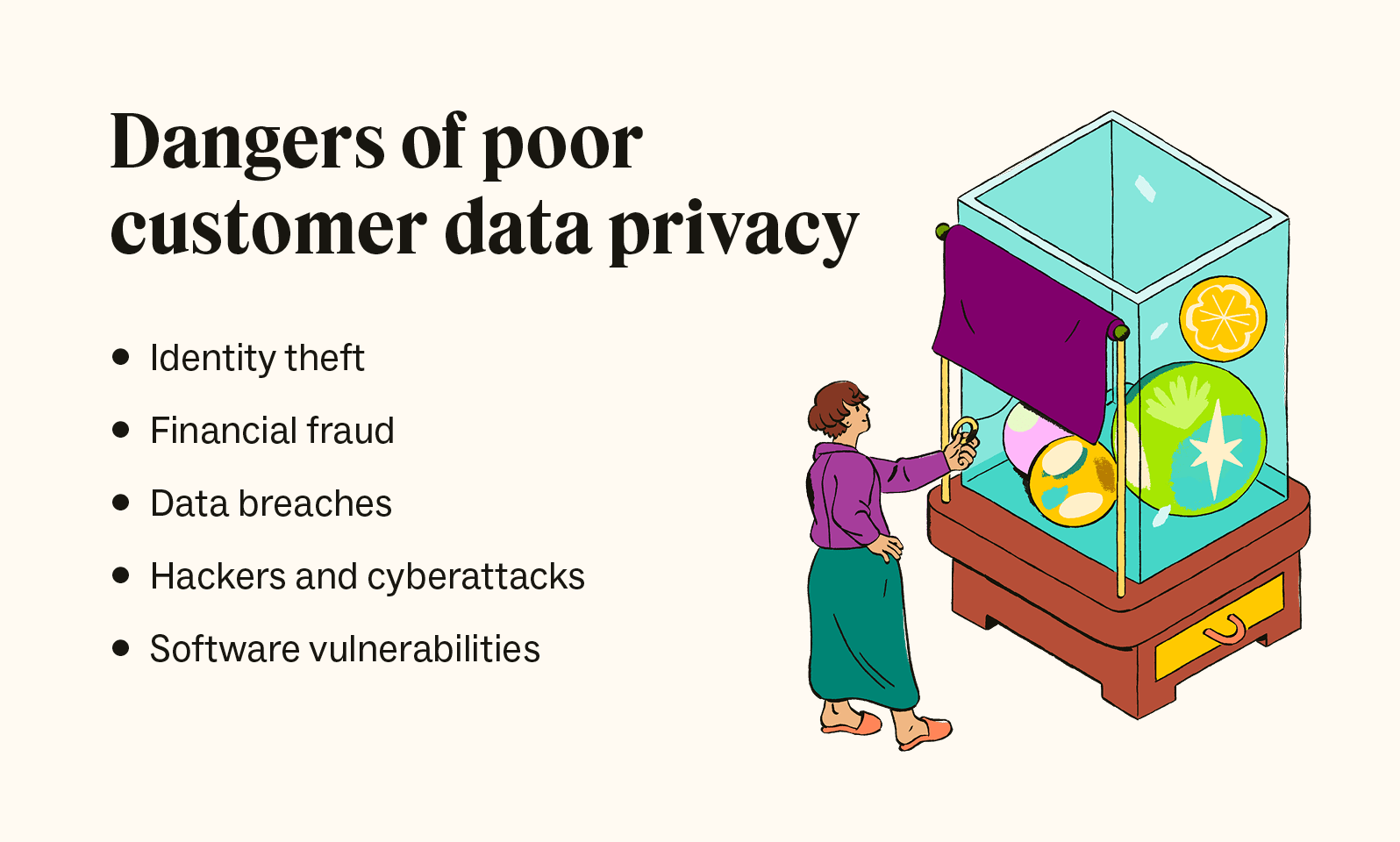 An illustration accompanies five dangers of poor customer data privacy.