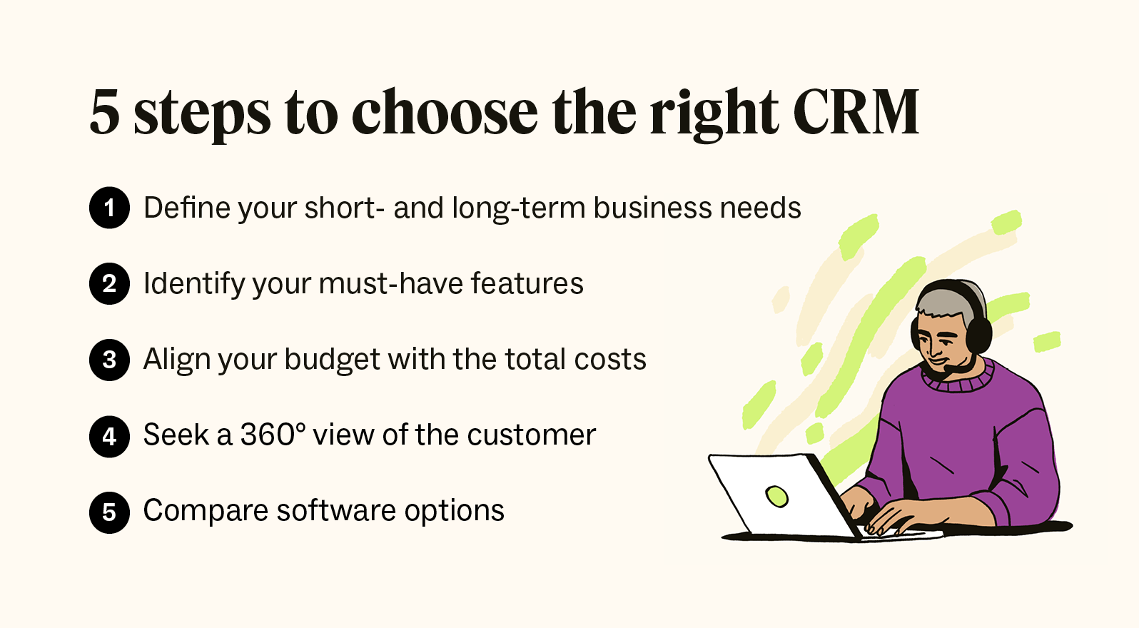 A man works on his laptop beside a list of steps for choosing the right CRM.