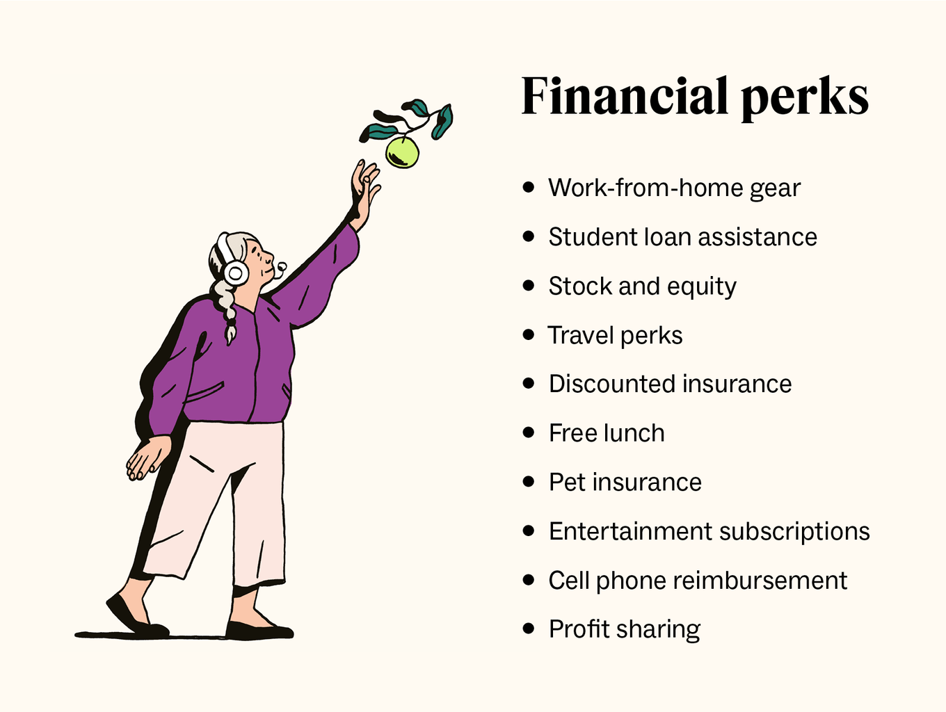 An illustration of a woman reaching for an apple accompanies a list of financial perks.