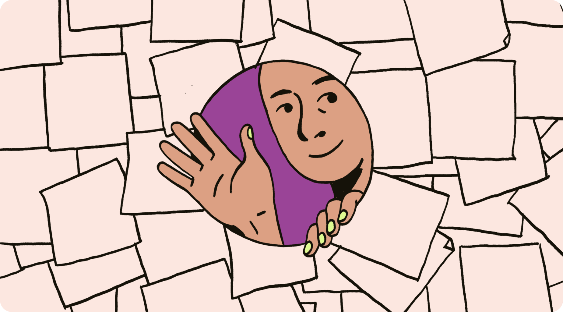 An illustration showing a smiling face emerging from a sea of papers.