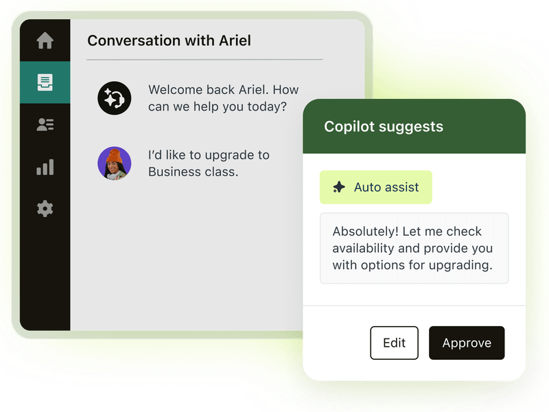 Zendesk Agent Copilot recommending an auto assist response for a customer conversation.