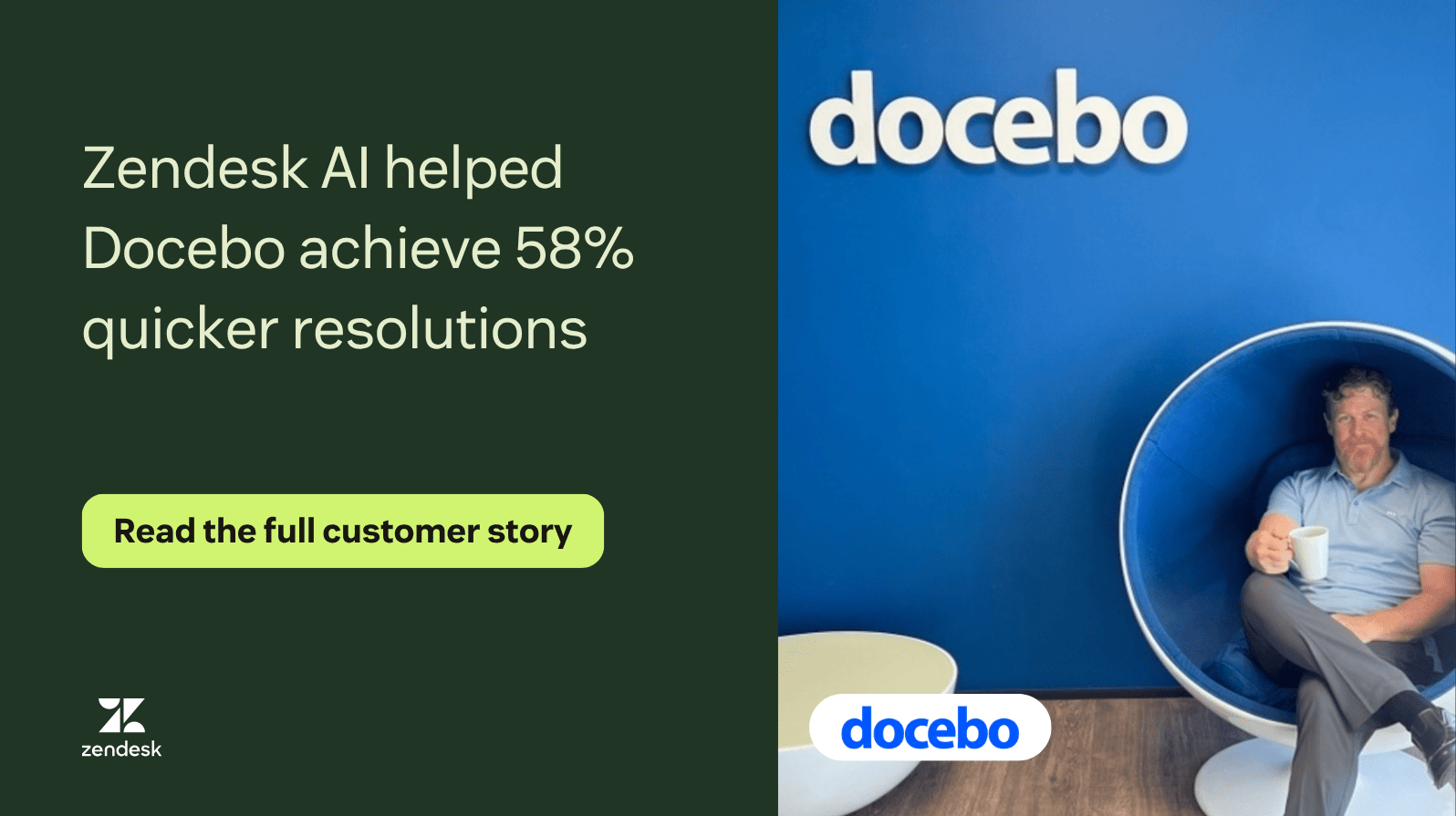 Docebo customer story highlighting 58 percent quicker resolutions with Zendesk AI.