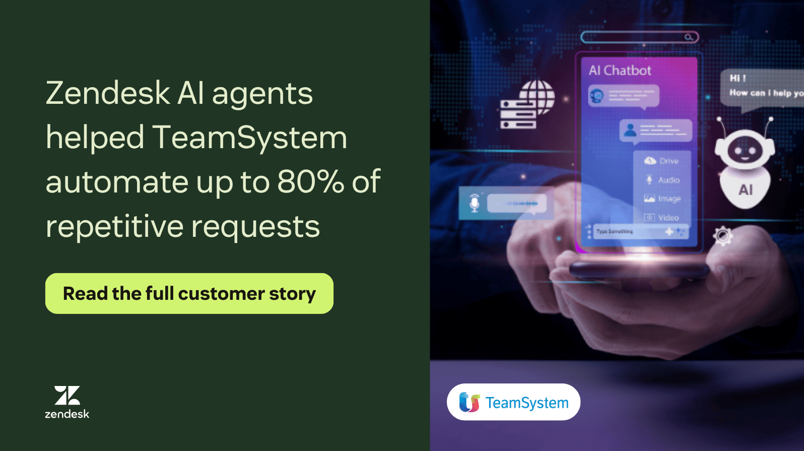TeamSystem customer story highlighting up to 80 percent automation of repetitive requests with Zendesk AI agents.
